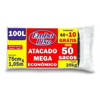 SACO PARA LIXO ATACADO MEGA ECONÔMICO 50L - C/100 SACOS - EMBALIXO