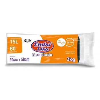 SACO PARA LIXO ROLO RECICLADO PRETO 15L - C/ 60 SACOS - EMBALIXO