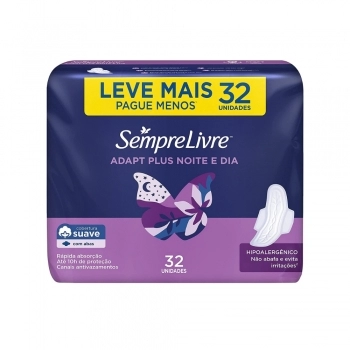 Absorvente Sempre Livre Adapt Plus Noite E Dia Suave C/ Abas C/ 32 Unidades